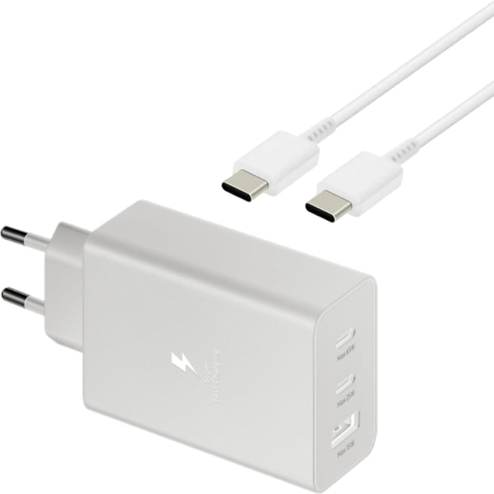 Универсално мрежово зарядно устройство USB Type-C и USB A, бързо зареждане и кабел за данни тип C към тип C, 65w, бързо зареждане, съвместимо със Samsung Galaxy A22 5G, 1 метър, бял