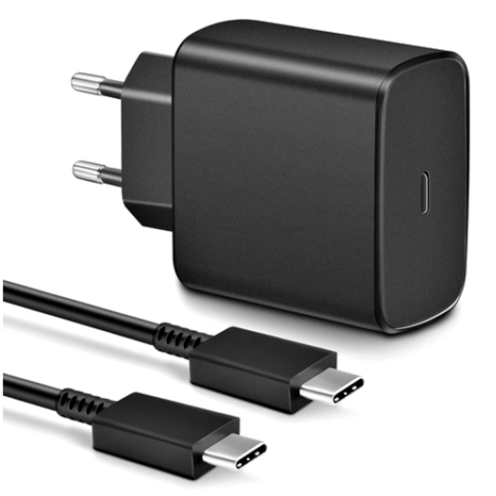 Универсално мрежово зарядно USB тип C, бързо зареждане и кабел за данни тип C към тип C, 45 w, бързо зареждане, съвместимо със Samsung Galaxy A22 5G, 1 метър, черен