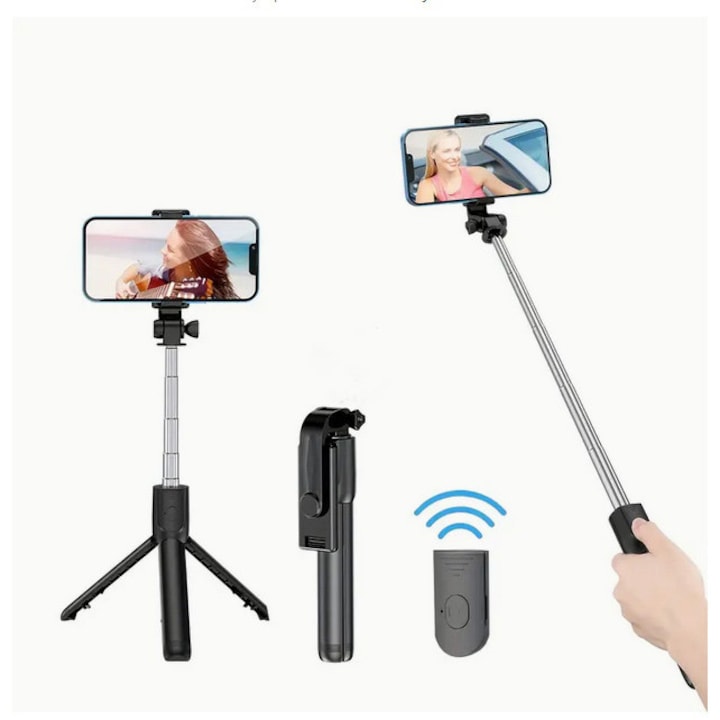 Selfie stick multifunctional, Telecomanda detasabila, Bluetooth, Compatibil iOS/Android, Negru