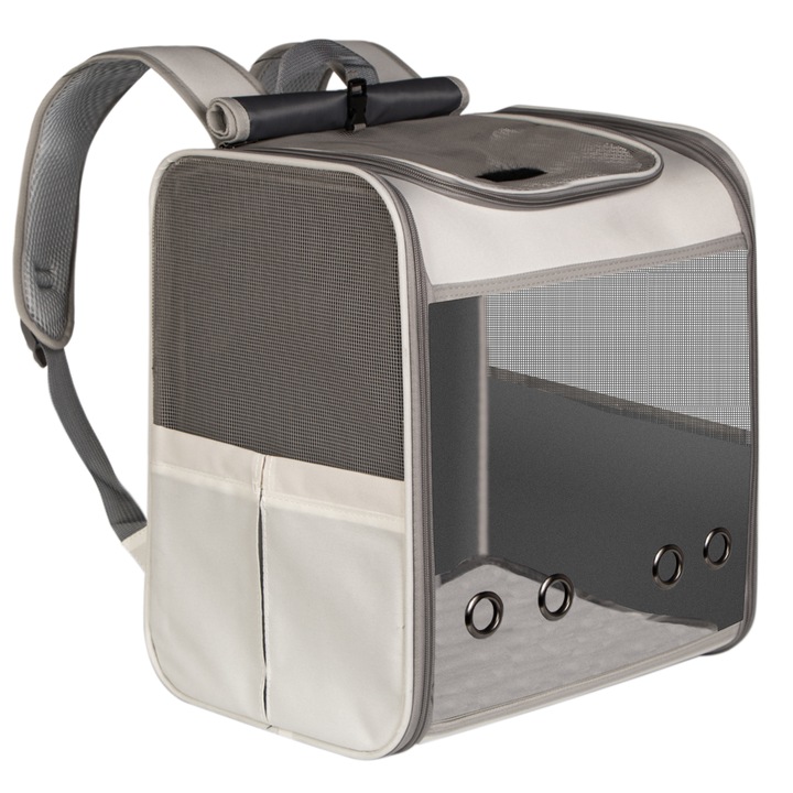 Rucsac de transport pentru caini si pisici, Furrever Friends Quadracatic, ideal pentru calatorii mici si mari, rezistent si indestructibil, cu ventilatie, culoare gri