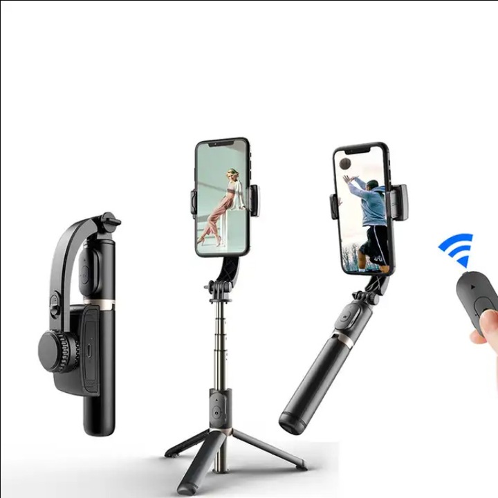 Multifunkciós szelfibot Gimbal stabilizátorral, levehető távirányító, Bluetooth, összecsukható állvány(tripod), teleszkópos, iOS/Android kompatibilis, fekete