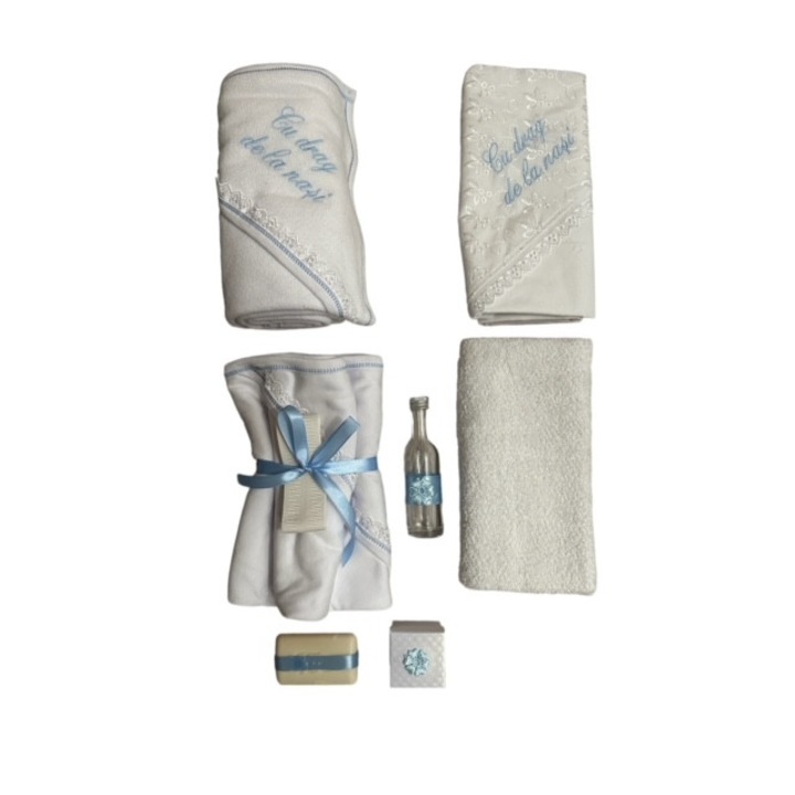 Újszülött kelengye szett, templom, 7 részes, pamut, fehér/kék, 0-4 hónapos