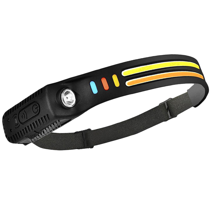 Lanterna de cap cu doua benzi LED, senzor de miscare si incarcare USB, raza de actiune 45 m, 8 moduri de iluminare, curea reglabila, Negru