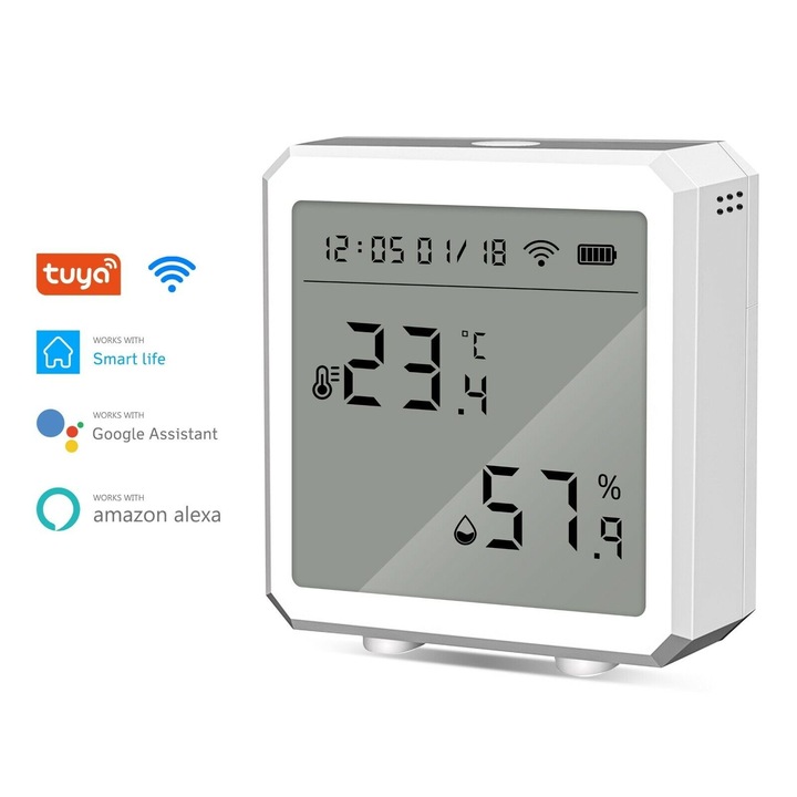 Интелигентен термометър/хигрометър, MOSMAOO®, WiFi, LCD дисплей, съвместим с Tuya/Smart Life, бял