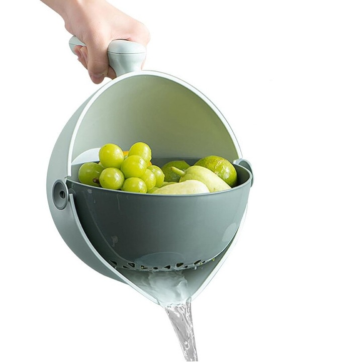 Strecuratoare de bucatarie 2 in 1 Salestore.ro® bol dublu, rotativ la 90 grade, maner confortabil, pentru spalare si servire legume/ fructe, folosire cu o singura mana, diametrul 21 cm, PP, Verde