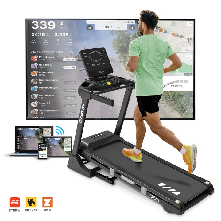 Banda de alergat electrica Lotto Forza, bluetooth Fitshow/Kinomap/Zwift, motor 4.25 CP, inclinare motorizata 15 nivele, greutate maxima utilizator 120 kg, suprafata de alergat 140*48 cm, pliabila