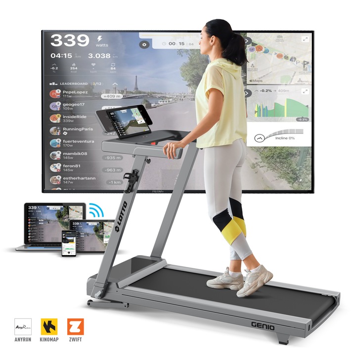 Banda de alergat electrica Lotto Genio, bluetooth Anyrun/Kinomap/Zwift, motor 3.75CP, inclinare motorizata 12 nivele, greutate maxima utilizator 120 kg, suprafata de alergat 125*45 cm, pliabila