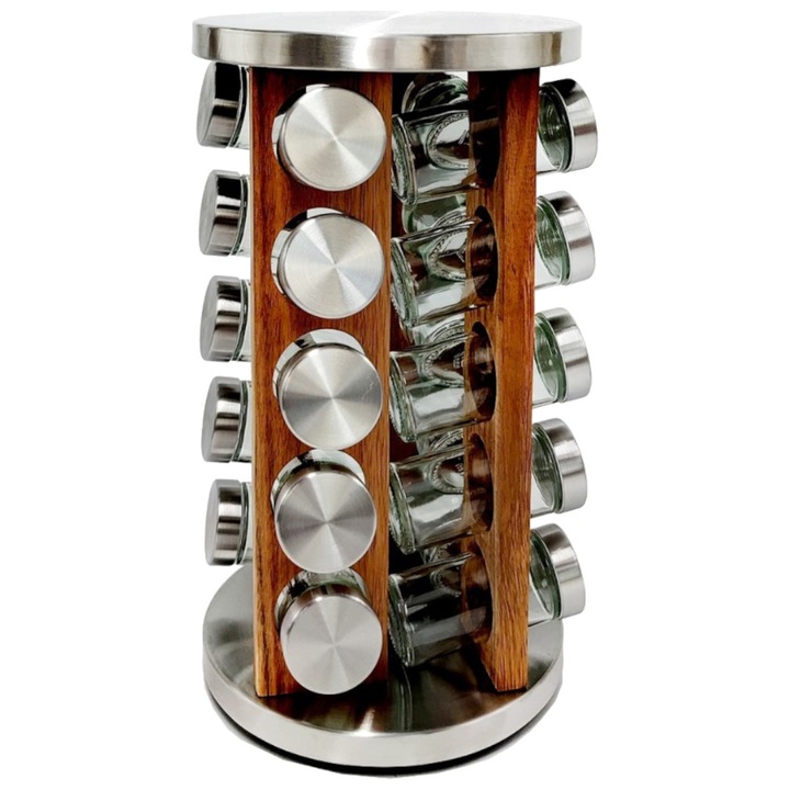 Raft pentru condimente, 20 borcane pentru condimente, Lemn + inox + sticla, Karl Hausmann