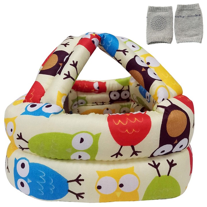 Комплект противоударна каска за бебета и деца, Ronyes, четирикрака, регулируема, с бебешки наколенки, неплъзгаща се, памук, бежова