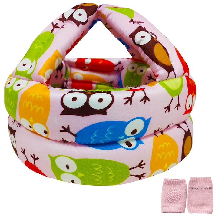 Ütésgátló fejvédő sisakkészlet babáknak és gyerekeknek, Ronyes®, négylábú, állítható, baba térdvédővel, csúszásmentes, pamut, rózsaszín
