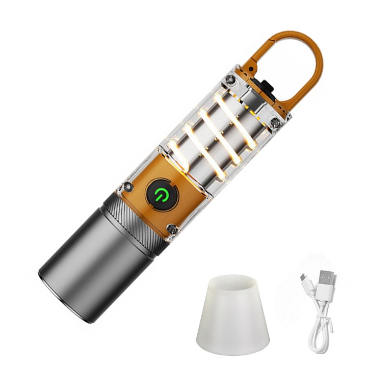 Lanterna LED multifunctionala VIELLAN, Cap de lampa retractabil, laser alb, 1200 mAh, incarcare USB, 5 moduri lumina, aluminiu + PC, maro