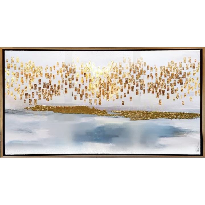 Tablou pictat manual abstract modern, Pictura in cutit ulei pe panza, Textura impasto, Ploaie aurie, Foita de aur, 150x80cm