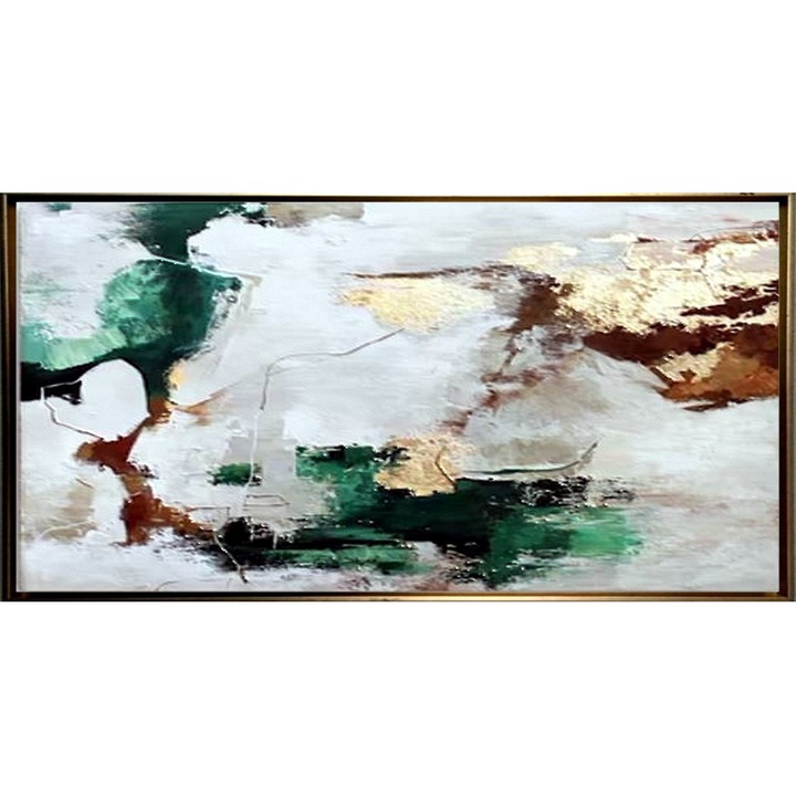 Tablou pictat manual abstract modern, Pictura in cutit ulei pe panza, Textura impasto, Verde alb maro, Foita de aur, 150x80cm