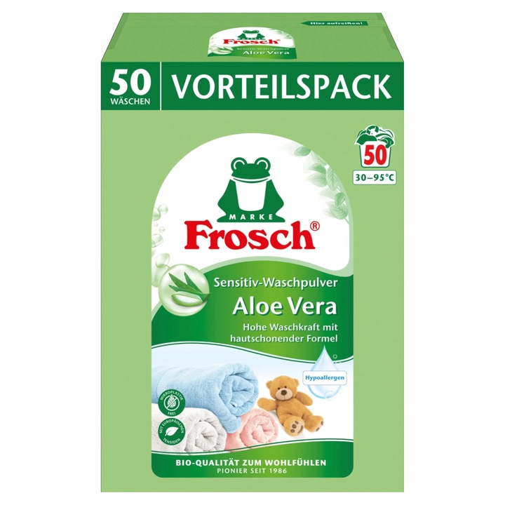 Detergent de rufe pudra Frosch, Sensitiv, Hipoalergenic, cu extract de Aloe Vera, 3.3 kg, 50 spalari
