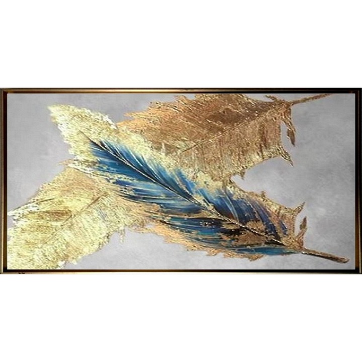 Tablou abstract modern pictat manual, Pictura in cutit ulei pe panza, Textura impasto, Pene, Auriu Albastru AlbFoita de aur, 150x80cm