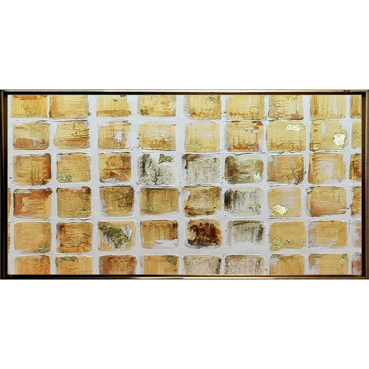 Tablou abstract modern pictat manual, Pictura in cutit ulei pe panza, Textura impasto, Patrat, Foita de aur, 150x80cm