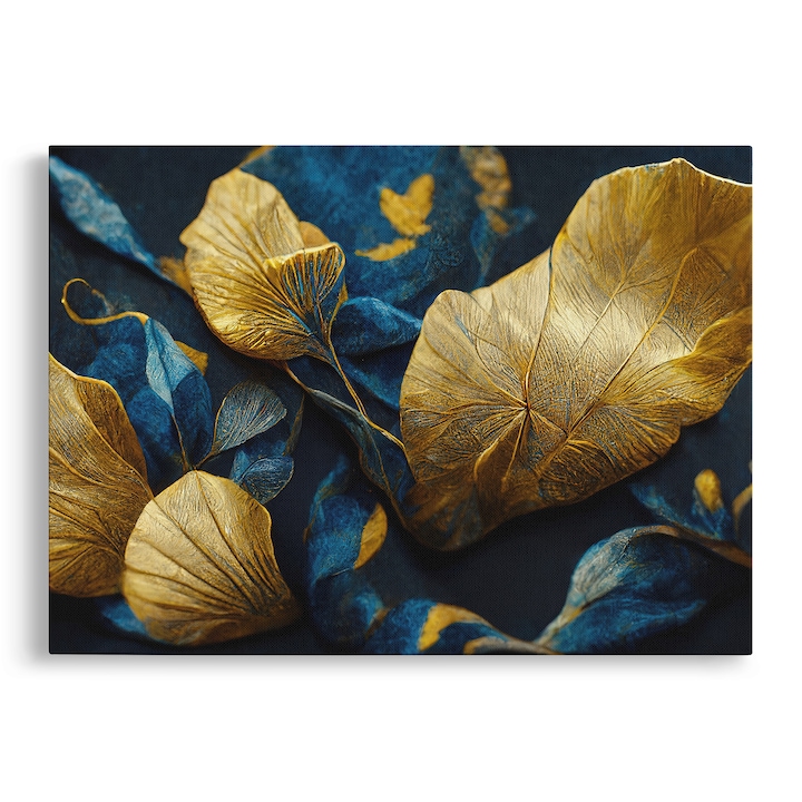 Tablou Canvas, Dormitor, Living, Floral, Petale, Modern, Albastru si Auriu, 40x60 cm