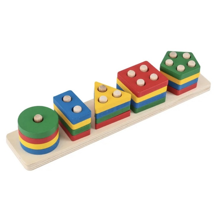 Joc educativ tip puzzle de logica, gandire si asociere destinat dezvoltarii copiilor, cu coloristica si forme geometrice, 20 de piese multicolore de dimensiune aproximativa de 5 x 5 x 1 cm si suport de 29 x 6 x 5.5 cm, material lemn