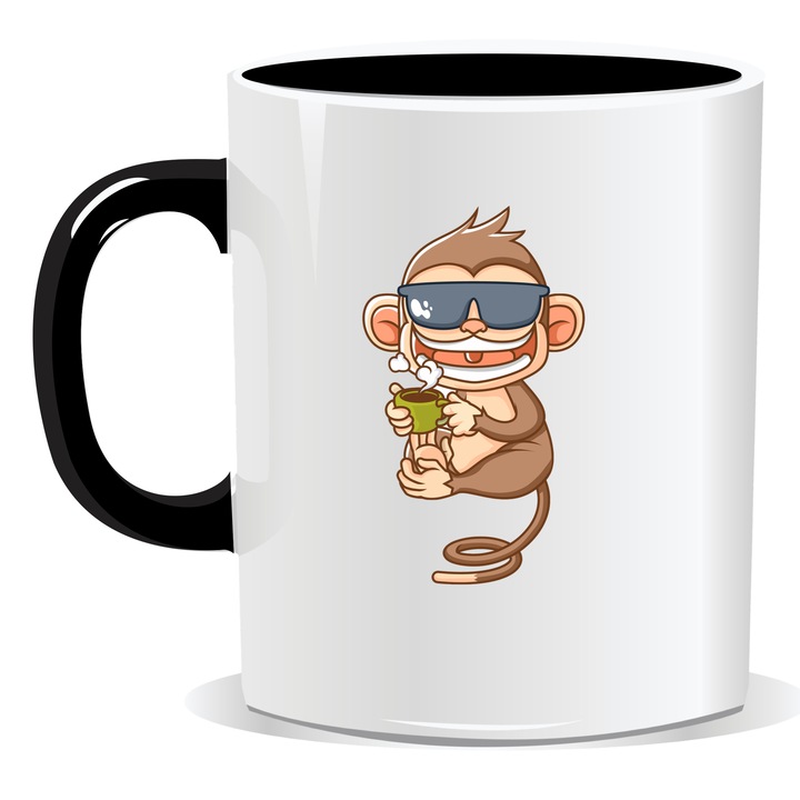 Cana personalizata pentru cafea, maimuta care bea cafea, interior negru