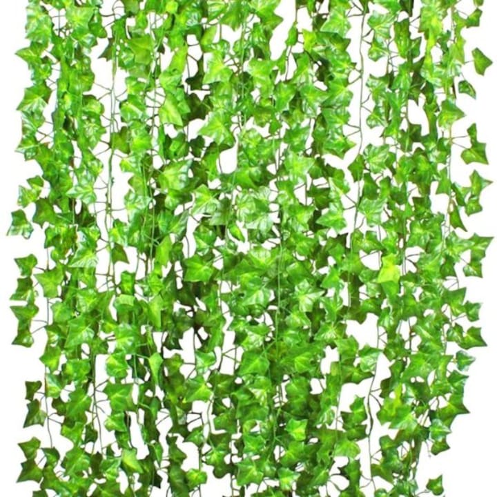 Комплект от 12 декоративни изкуствени бръшляна с реалистичен и атрактивен зелен външен вид, индивидуална дължина 2 м, листа 3,5 см, 72 листа на издънка, Зелен