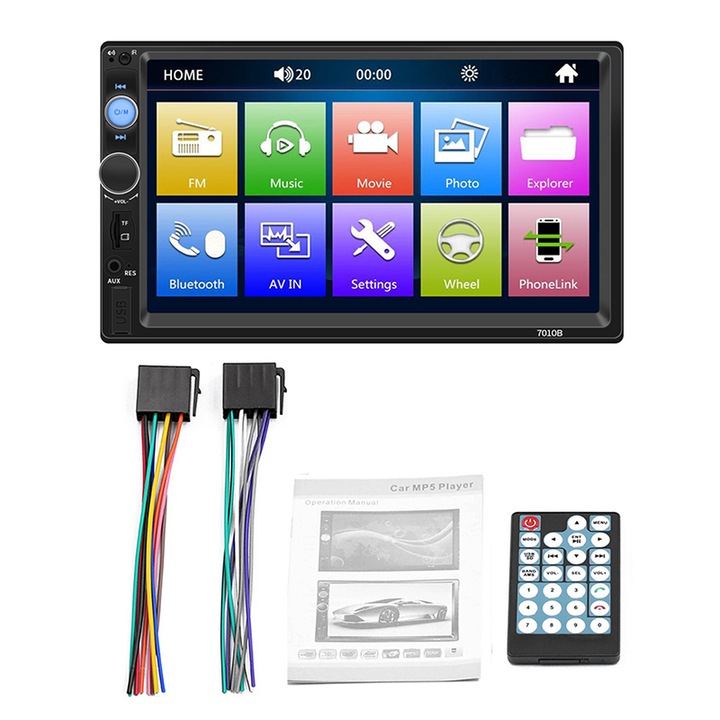 MP5 плейър, BOMSTOM, 7-инчов сензорен екран, 2DIN, Apple CarPlay, Android Auto, Bluetooth 5.0, AUX, USB, FM, MicroSD, черен