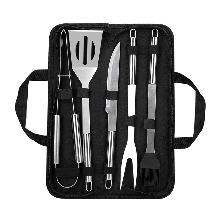 Set 5 accesorii pentru gratar, Otel inoxidabil, Argintiu