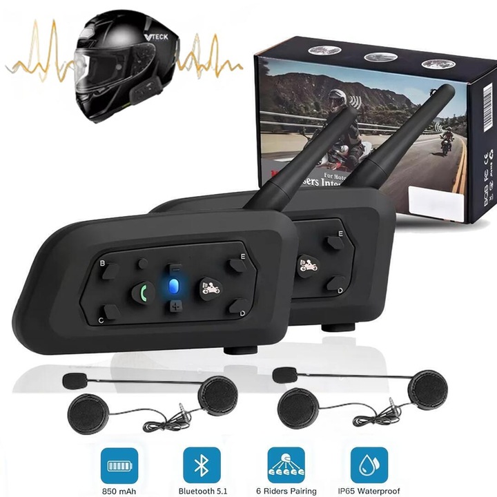 Комплект от 2 домофонни комуникационни системи за мотоциклети MOSMAOO, Bluetooth, 850 mah, Черен