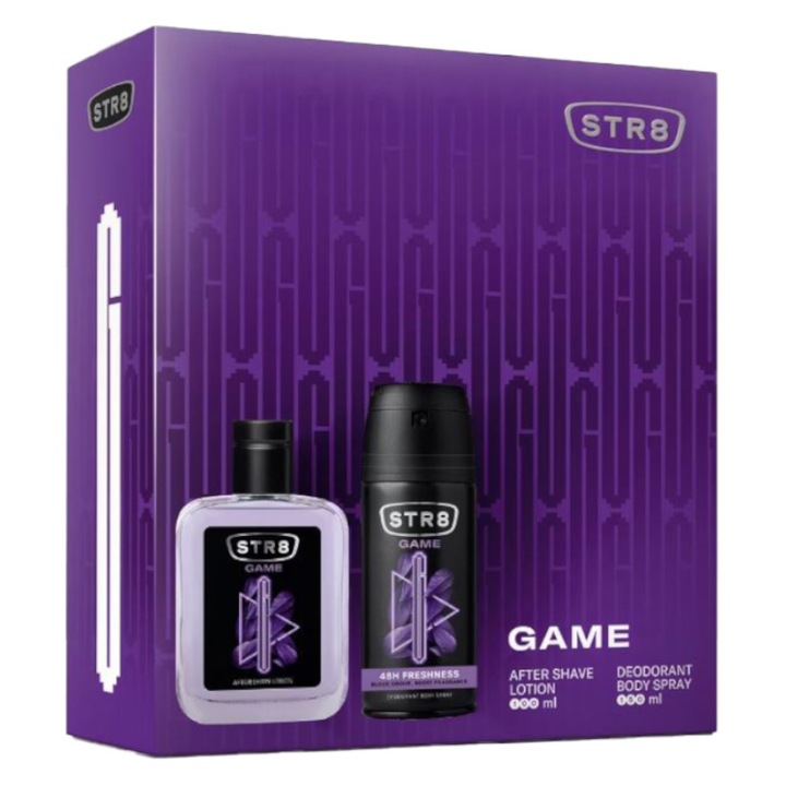 Set 2 x Caseta Cadou STR8 Game Lotiune dupa Barbierit 100 ml si Deodorant Spray pentru Corp, 150 ml