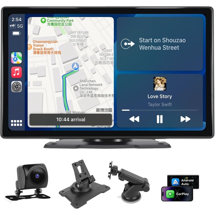 MOSMAOO® Bluetooth мултимедиен плейър за кола, 9-инчов сензорен екран, IPS HD пълен сензорен екран, Smart Control от безжично приложение Apple CarPlay/AndroidAuto, Mirror Link, GPS приложение, FM радио, USB, AUX, Черен