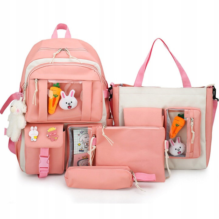 Ученически комплект DexXer Ученическа чанта, моливник, чанта с дръжки, козметична чанта, Розов, 41x 28 x 14 cm