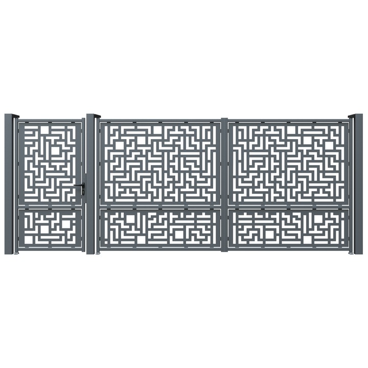 Set poarta auto si pietonala, Todome, tabla decupata 2mm, model 25, negru, 430 x 180 cm, cu accesorii si stalpi