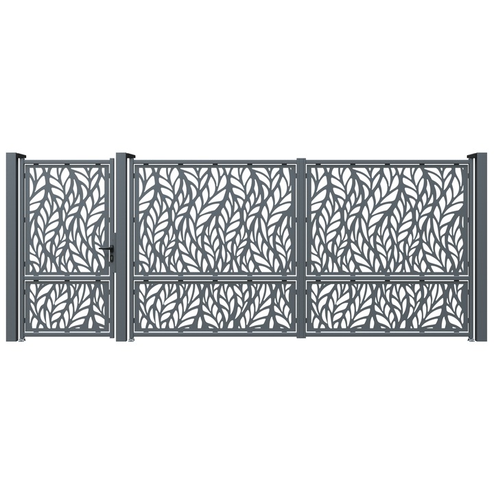 Set poarta auto si pietonala, Todome, tabla decupata 2mm, model 37, negru, 430 x 180 cm, cu accesorii si stalpi