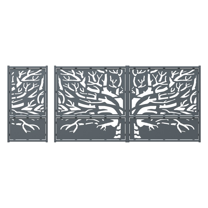 Set poarta auto si pietonala, Todome, tabla decupata 2mm, model 42, negru, 387 x 180 cm, fara accesorii, fara stalpi