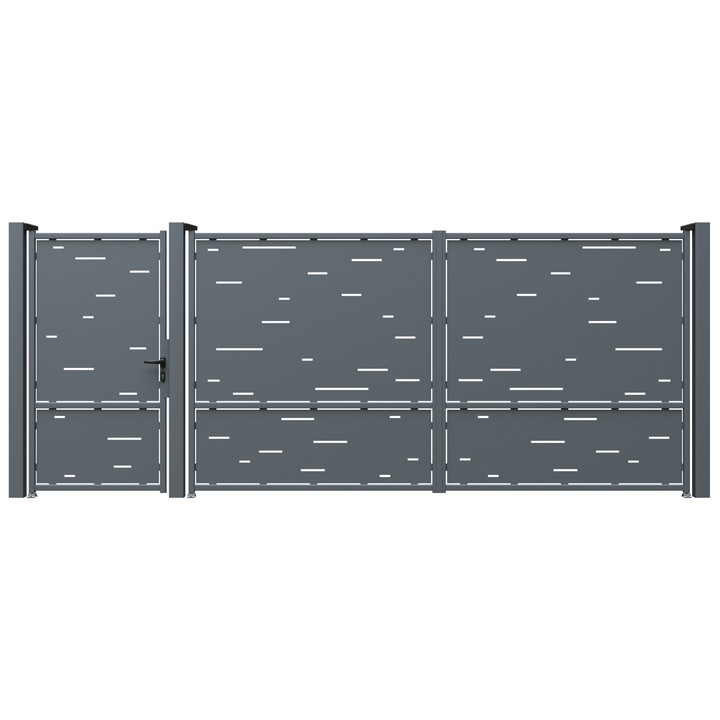 Set poarta auto si pietonala, Todome, tabla decupata 2mm, model 56, negru, 430 x 180 cm, cu accesorii si stalpi