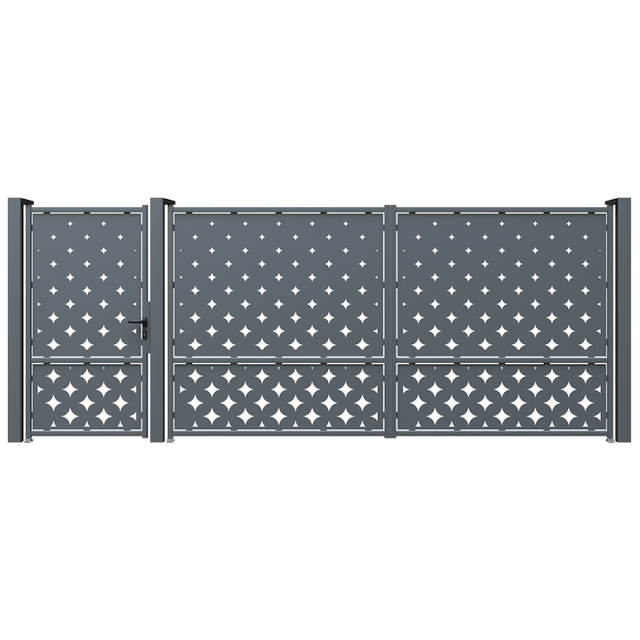 Set poarta auto si pietonala, Todome, tabla decupata 2mm, model 41, negru, 430 x 180 cm, cu accesorii si stalpi