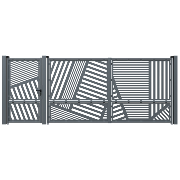 Set poarta auto si pietonala, Todome, tabla decupata 2mm, model 27, negru, 430 x 180 cm, cu accesorii si stalpi