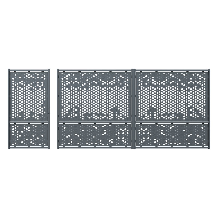 Set poarta auto si pietonala, Todome, tabla decupata 2mm, model 29, negru, 387 x 180 cm, fara accesorii, fara stalpi