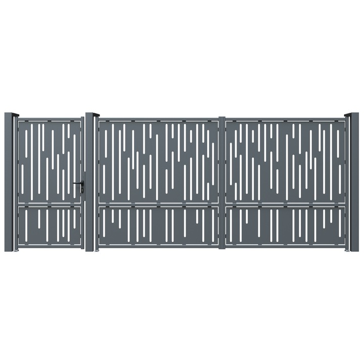 Set poarta auto si pietonala, Todome, tabla decupata 2mm, model 32, negru, 430 x 180 cm, cu accesorii si stalpi