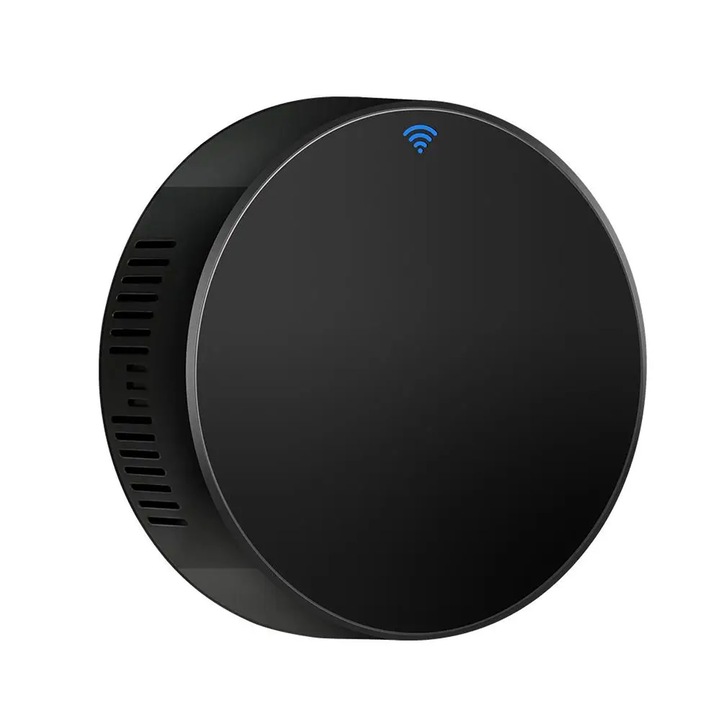 IR WiFi intelligens távirányító, Axroad Mall, WiFi 2,4 GHz, 38 KHz, Internet és hangvezérlés, Könnyen használható, Kompatibilis a Google Home és Alexa rendszerrel, TV-hez/házi mozihoz/levegőhöz, ABS, 63 * 63 * 23 mm, fekete