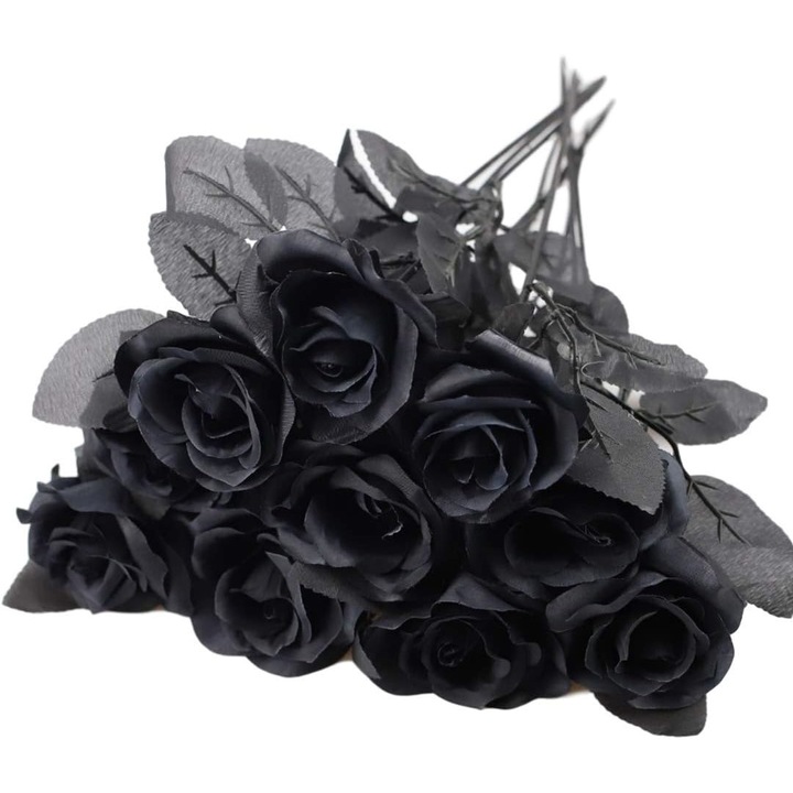 Set 10 trandafiri artificiali, JeiibrZui, Matase, 41 cm, Negru