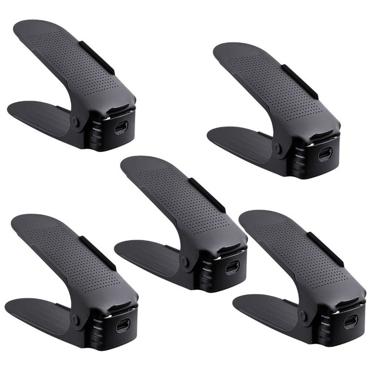Set 5 Organizatoare Antiderapante si Ajustabile pentru Depozitare Incaltamine, din Plastic, 6x25.5x11/17 cm, Negru
