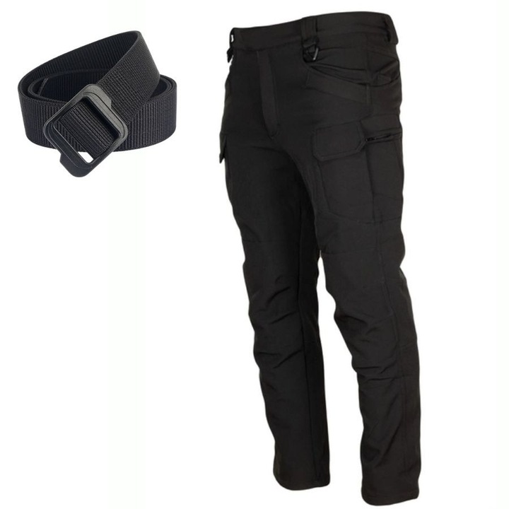 Pantaloni Tactici Securitate Softshell, Marimea XXL, cu Centura Ajustabila, Impermeabili, Multiple Buzunare, Negru, HIPOLAR