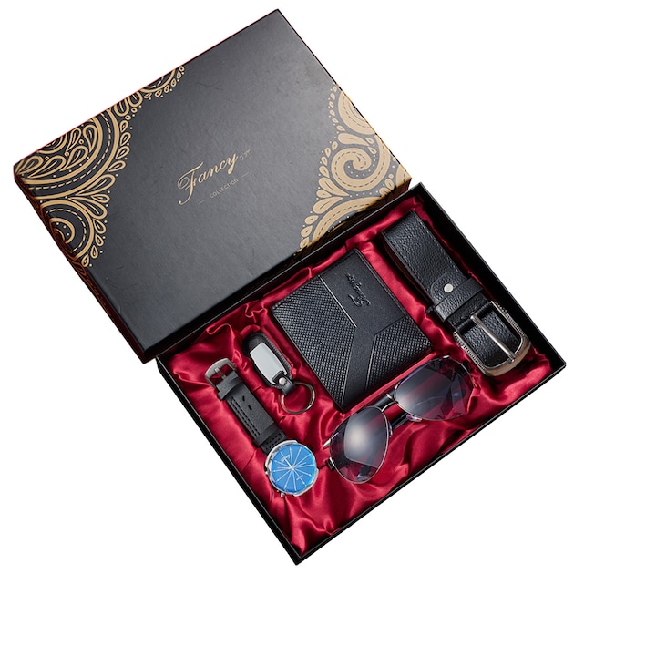 Set cadou 6 piese pentru barbati, Include Ceasuri, ochelari de soare, curele, portofel, pixuri si breloc, Piele ecologica, Negru