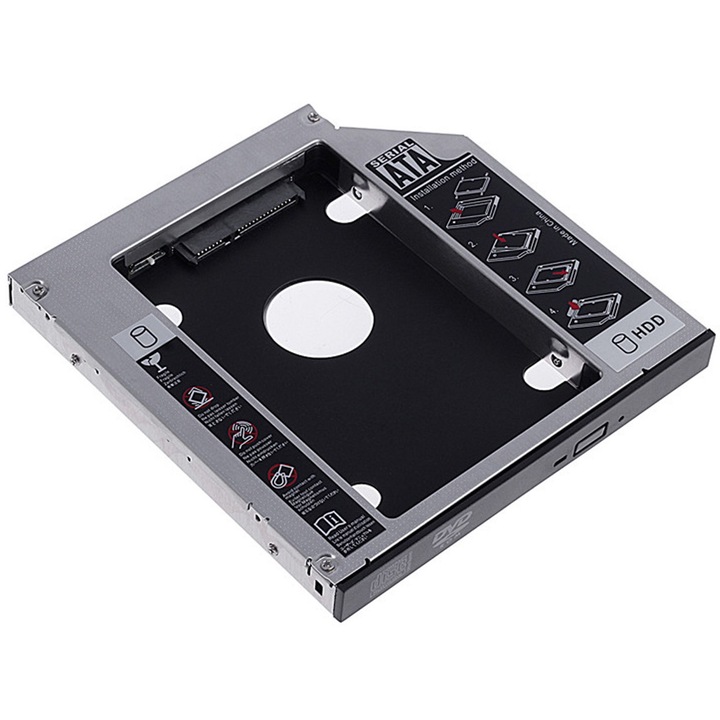 Adaptor dual SSD/HDD, Axroad Mall, Compatibil 2.5 inch SATA I/II/III, Includem o surubelnita, 6 Gbps max viteza de transmisie, Pentru unitati optice grosime 12.7mm, Aliaj de aluminiu/ABS, 129x128x12.7mm, Negru/Argintiu