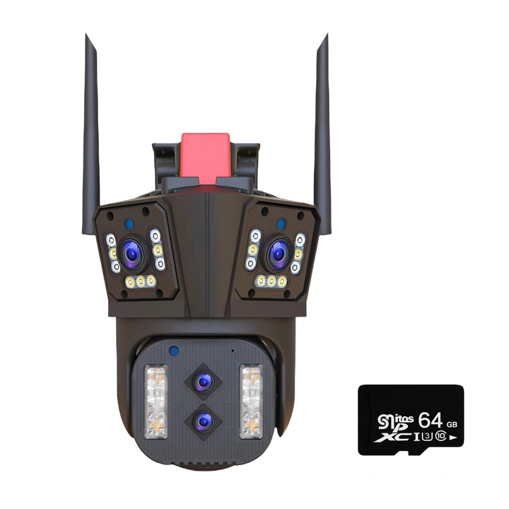 Четворна WIFI камера за наблюдение MOSMAOO®, 16MP, 10X оптично увеличение, двупосочна комуникация, ултраширока, на открито/вътре, Ultra HD, въртене, светодиоди, аларма, сензор за движение, 64GB карта с памет, черен