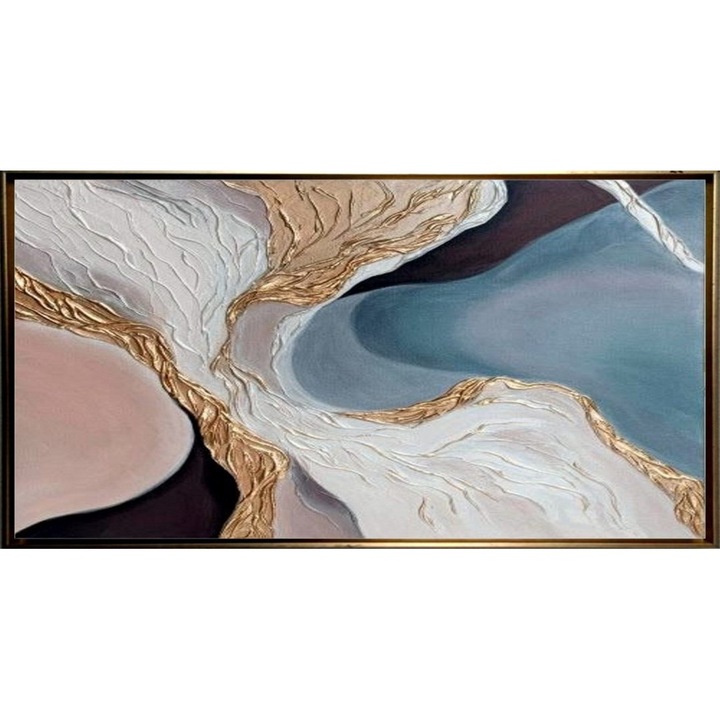 Tablou abstract modern pictat manual, Pictura in cutit ulei pe panza, Textura impasto, Liquid, Foita de aur, 150x80cm