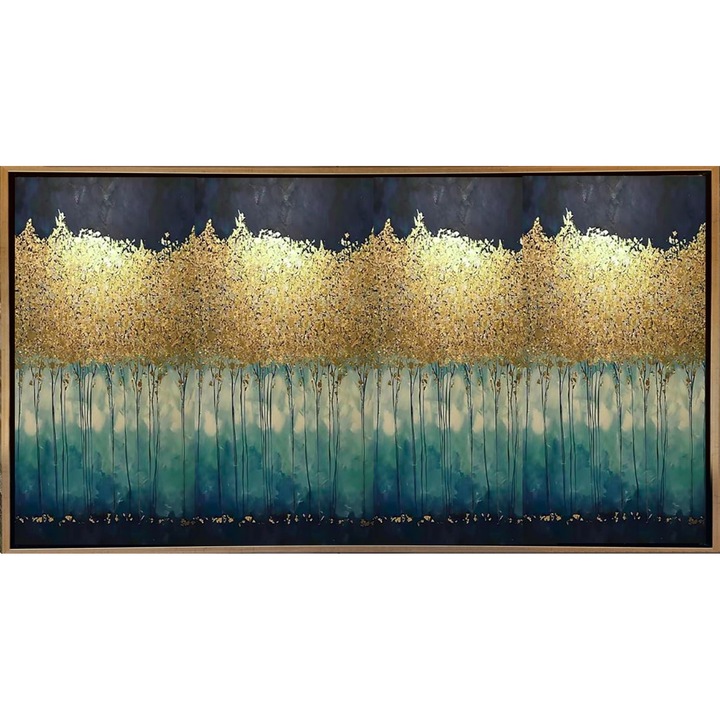 Tablou modern abstract pictat manual, Pictura in cutit ulei pe panza, Textura impasto, auriu turcoaz gri bej, Foita de aur, 150x80cm