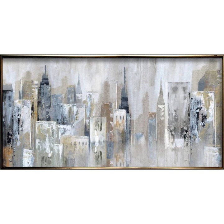 Tablou abstract pictat manual, Pictura in cutit ulei pe panza, Textura impasto, Orasul, Peisaj urban, 150x80cm