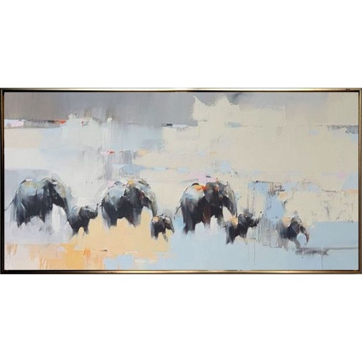 Tablou abstract pictat manual, Pictura in cutit ulei pe panza, Textura impasto, Multicolor, Aramiu Cupru, 150x80cm