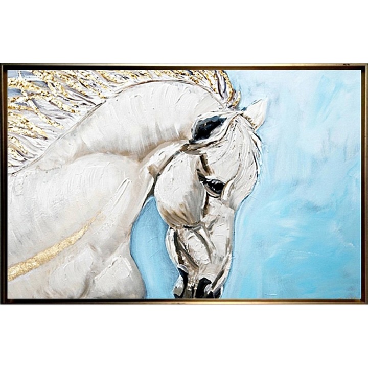 Tablou abstract pictat manual, Pictura in cutit ulei pe panza, Textura impasto, Cal Alb, Alb Auriu Albastru, 150x100cm